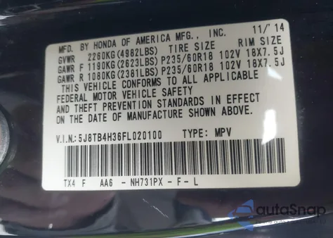 2015 Acura Rdx из США, поврежденный, VIN 5J8TB4H36FL020100